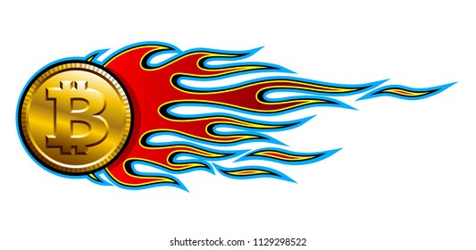 Vector illustration of digital bitcoin crypto currency sign with hotrod flame. Ideal for sticker decal logo design template and any kind of decoration.