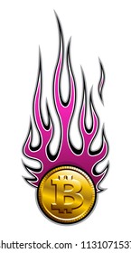 Vector illustration of digital bitcoin crypto currency sign with hotrod flame. Ideal for sticker decal logo design template and any kind of decoration.