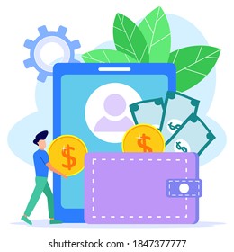 Vector illustration of digital business concept. Money transfer to e-wallet, financial savings and online payments concept. Suitable for web landing pages, ui, mobile applications, banner templates.