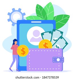 Vector illustration of digital business concept. Money transfer to e-wallet concept, financial savings and online payments Suitable for web landing pages, ui, mobile applications, banner templates.