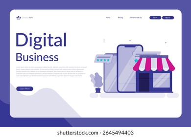 Vector illustration of a digital business homepage with smartphone, storefront, and five-star rating in a modern blue-purple layout