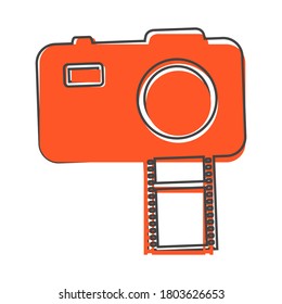 Vector illustration of a digital camera with film. Retro camera icon cartoon style on white isolated background.