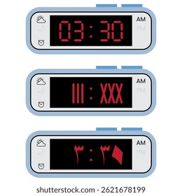 Ilustración vectorial de pantallas de reloj digital con números regulares, romanos y árabes. Colección de visualización de tiempo moderno en múltiples estilos.