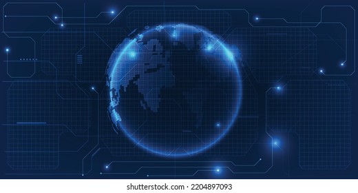Ilustración vectorial de la comunicación digital que conecta a las personas en el planeta digital neón azul.Innovación de datos digitales y conceptos de tecnología.