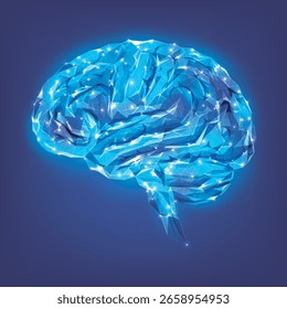 Vector illustration, digital concept of AI, glowing blue polygon brain with neon light effects, crystal geometric and neural networks, futuristic technology, innovative thinking