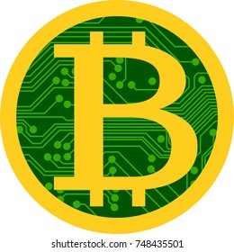 Vector illustration of digital cryptocurrency Bitcoin coin   with a gold rim and a base in the form of a printed circuit board