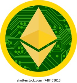 Vector illustration of  digital  cryptocurrency Ethereum coin  with a gold rim and a base in the form of a printed circuit board