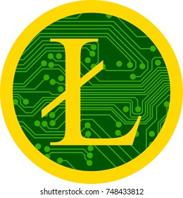 Vector illustration of  digital  cryptocurrency Litecoin coin  with a gold rim and a base in the form of a printed circuit board