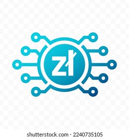 Vector illustration of Złoty digital currency icon in blue color and transparent background (PNG).