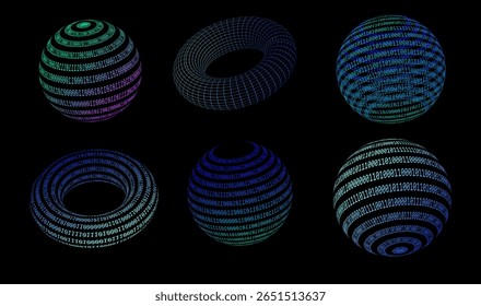 Vector illustration in a digital cyber style features six 3D spheres and torus shapes with glowing wireframes and binary code. Main colors include neon blue, green, and purple on a black background.