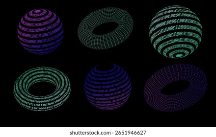 Vector illustration in a digital cyber style features six 3D spheres and torus shapes with glowing wireframes and binary code. Main colors include neon blue, green, and purple on a black background.