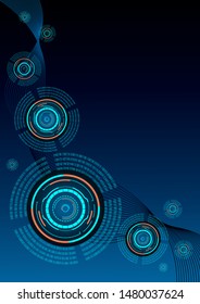 Vector Illustration of digital data, with shapes, lines, dots, rign and square blue and orange colors. Abstract technology business of numeric binary code motion, on blue background screen. 