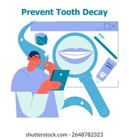 Vector illustration of digital dental hygiene concept. A person holds a tablet, examining dental health to prevent tooth decay. Includes toothpaste, toothbrush, and magnifying glass.