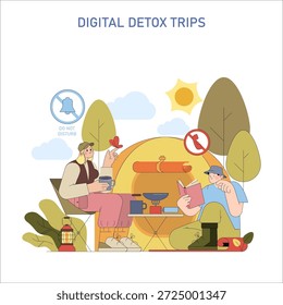 Ilustración vectorial de un viaje de desintoxicación digital con dos personas que acampan sin dispositivos. Están participando en la conversación y disfrutando de la naturaleza, rodeados de un tema "No molestar".