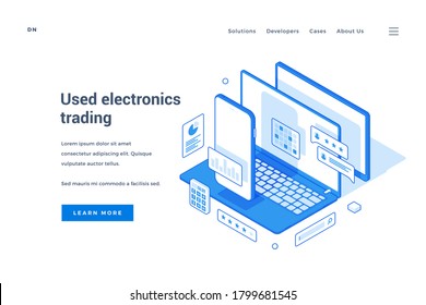 Vector illustration of digital devices depicted near description and link button on advertisement banner for used electronic trading market. Isometric web banner, landing page template