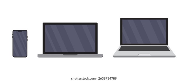 vector illustration of digital devices including a smartphone and two laptops on white background, representing technology and portable electronics.