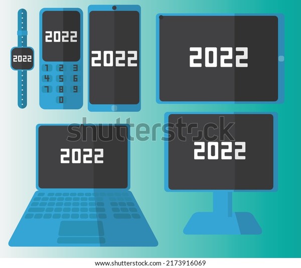 Vector illustration of digital\
devices of watches, laptops, phones, computers and\
tablets.