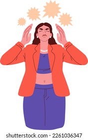 Ilustración vectorial, dibujo digital, sobre una chica o una mujer insatisfecha, discusión, disgusto y expresión loca, frustrada