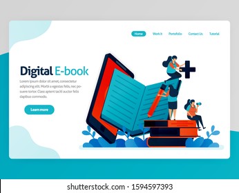Vector illustration for digital ebook landing page. Mobile apps for reading, writing, studying. modern library platform. Online learning, language education. Homepage header web page template apps