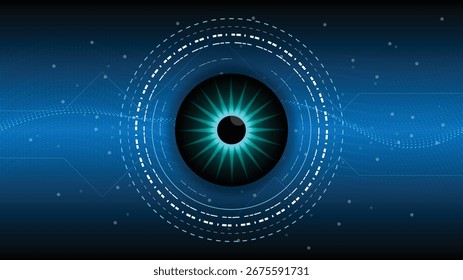 Vector illustration of a digital eye scanning interface with glowing circular elements. 