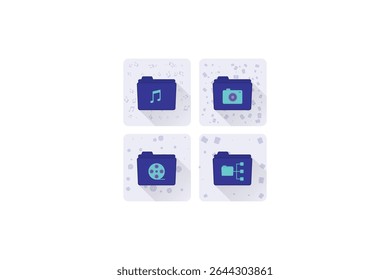 Vector illustration of Digital File Type Icons – Music, Photos, Movies, and Multimedia in Blue Folders