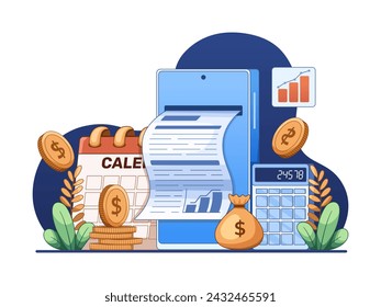 Vektorgrafik eines digitalen Finanzausweises. Die Abbildung enthält Diagramme, Diagramme, Rechner, Kalender und Datenanalyseelemente, die den modernen Ansatz der Finanzberichterstattung symbolisieren