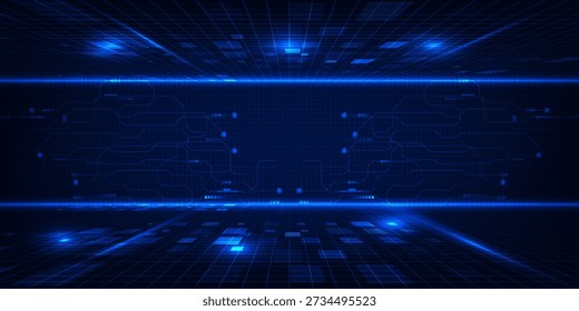 Vector illustration of Digital futuristic tech architecture abstract blue horizontal digital perspective and space for davertising showcase and game artwork.Futuristic digital technology concept.