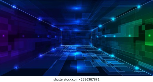 Vector illustration of digital futuristic tunnels with hi tech pattern and glowing dots line for advertising showcase and game artwork.Digital technology concepts.