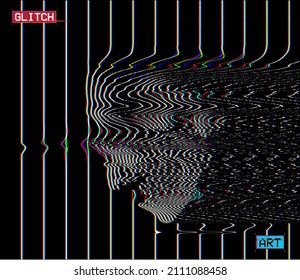 Vector illustration of digital glitch art screaming skull in oscilloscope RGB colorful line on black background from 3D rendering.