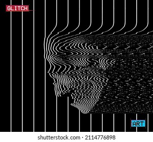 Vector illustration of digital glitch art screaming skull in oscilloscope white line on black background from 3D rendering.