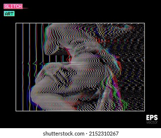 Vector illustration of digital glitch art of classical sculpture of Proserpina Rape detail from 3D rendering in oscilloscope RGB colored line on black background in the style of old CRT TVs and VHS.