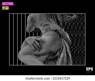 Vector illustration of digital glitch art of classical sculpture of Proserpina Rape detail from 3D rendering in oscilloscope white line on black background in the style of old CRT TVs and VHS.