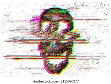 Vector illustration, digital glitch of screaming dot halftone skull in glitched corrupted graphics style.