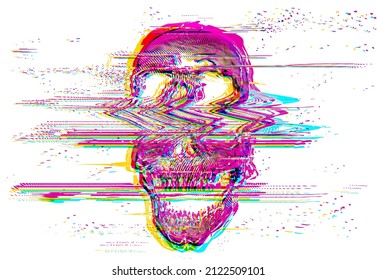 Vector illustration, digital glitch of screaming halftone wavy line skull in glitched corrupted graphics style.