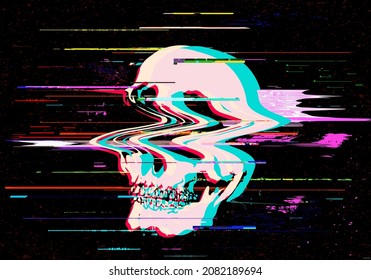 Vector Illustration Of Digital Glitch Skull In Rgb Mode Offset.