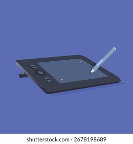 Vector illustration of a digital graphics tablet with stylus pen touching the pad area and a Stand behind.