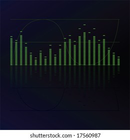 Vector illustration of a digital green sound equalizer, reflected on a black background. For jpeg version, please see my portfolio.
