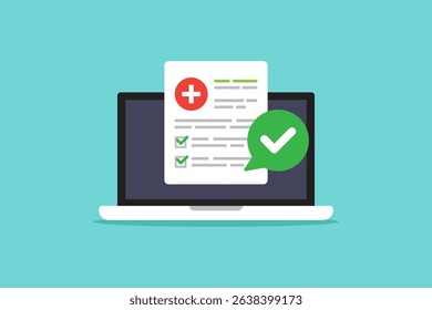 vector illustration of Digital Health Report on Laptop With Completed Checklist.