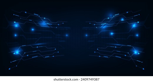 Vector illustration of digital horizontal empty space with digital glowing element grid line and circuit for advertising and game artwork background.