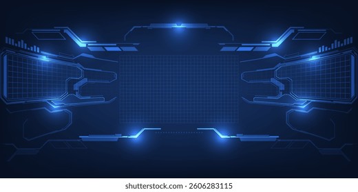 Vector illustration of digital horizontal empty space with digital glowing element grid line and circuit for advertising and game artwork background.