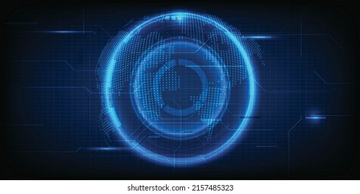 Vector illustration of digital innovation and technology with hologram world map line up on hud neon blue for advertising and game interfaces artworks.
