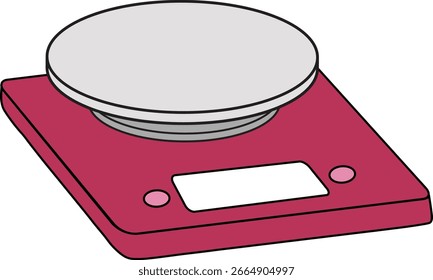 Vector illustration of a digital kitchen scale with a red base and grey weighing platform, designed for measuring ingredients with precision.