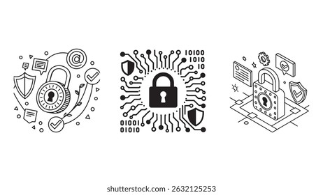 Una Ilustración vectorial de una cerradura digital rodeada de Elementos abstractos de seguridad de la red, que simbolizan la ciberseguridad, la privacidad y la seguridad en línea. Ideal para imágenes de seguridad tecnológica y protección digital t