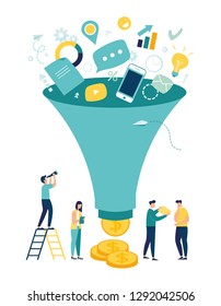 Vector illustration, digital marketing funnel leads generation with customers, marketing, sales generation and optimization