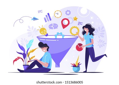 Vector illustration, digital marketing funnel leads generation with customers, marketing, sales generation and optimization
