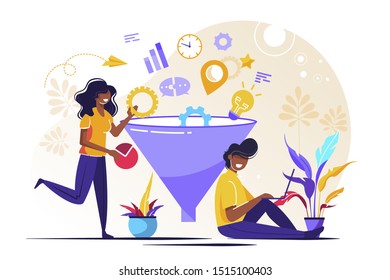 Vector illustration, digital marketing funnel leads generation with customers, marketing, sales generation and optimization
