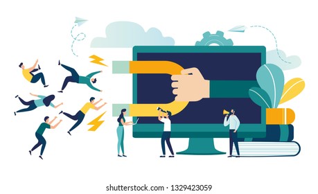 Vector illustration, digital marketing, generating potential customers, attracting and attracting customers with a magnet
