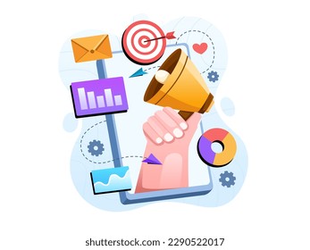 Vector illustration of digital marketing, with a hand holding a megaphone to represent promotion, and a smartphone to represent online communication and advertising.
Perfect for web, promotion, etc.