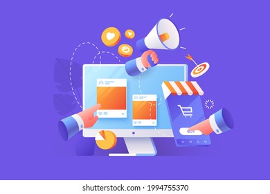 Vector Illustration Of Digital Marketing. Targeted Advertising Concept. Attracting Target Audience. SEO Specialist Workflow. Modern Flat Style.