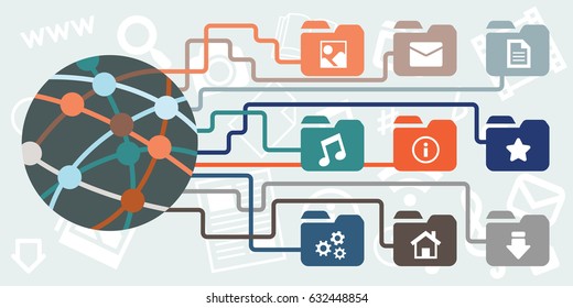 vector illustration for digital media and content in mess and in order sorted to folders for media organization concepts